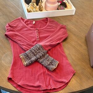 Free People Raspberry Waffle Henley Top